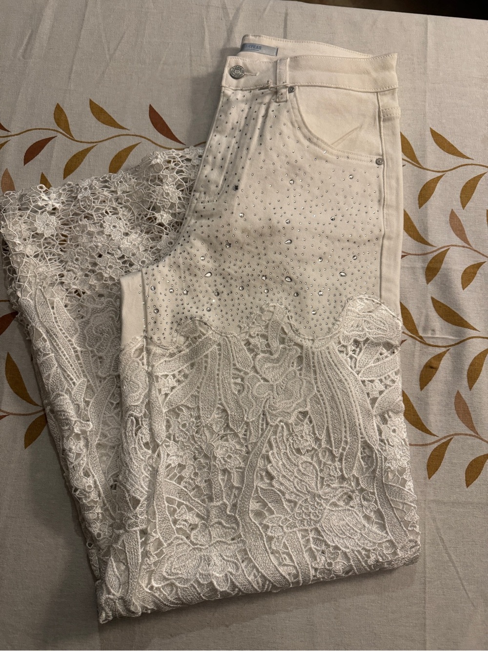 Embellished White Flare Jeans with Lace Detail ***please see pics***